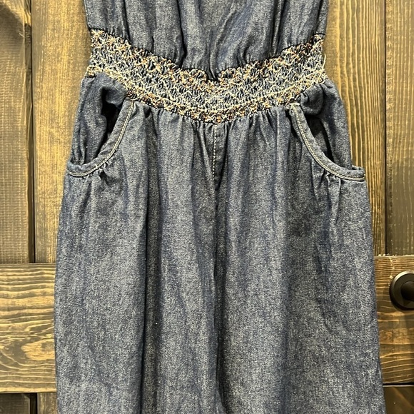 Chesley Denim Jumpsuit S Wide Leg Strapless Pockets Soft Elastic Stretch Waist - Picture 3 of 10